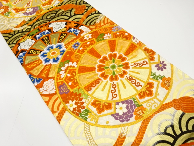 源氏車に草花・青海波模様織り出し袋帯